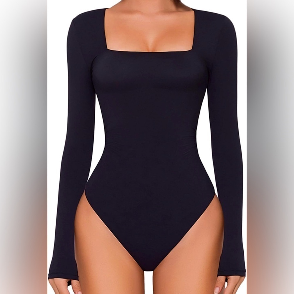 Long Sleeve Bodysuit Square Neck Double Lined Ruched Snap Closure Top size XL